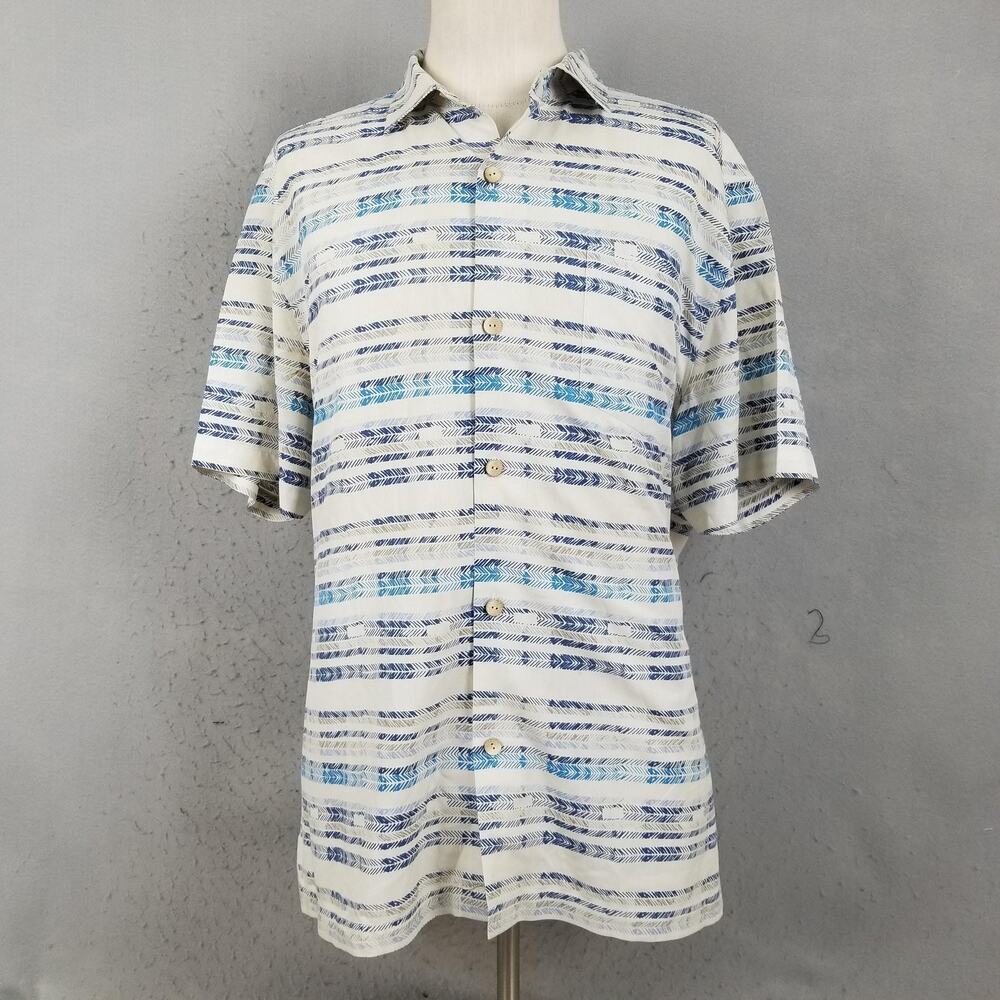 Tommy Bahama Shirt Mens XL White Blue Stripe Short Sleeve Button Front Hawaiian